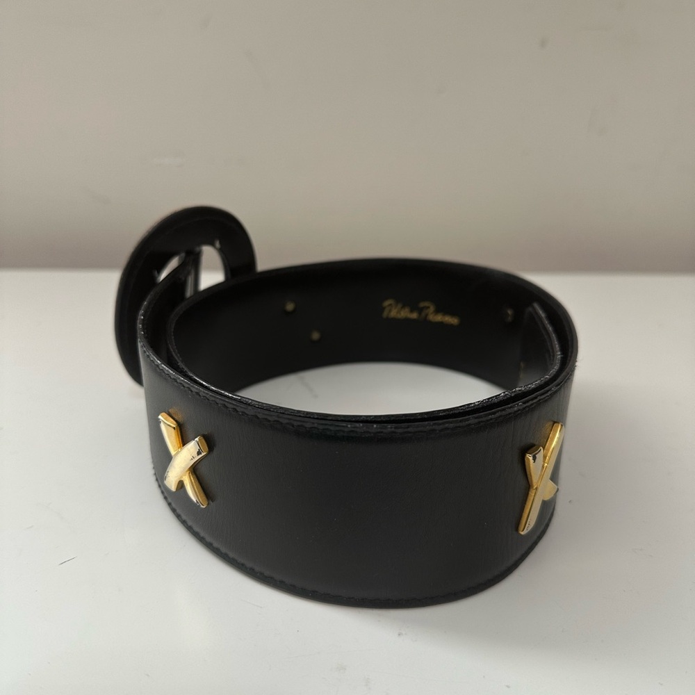 Vintage Paloma Picasso Black Leather Wide Waist Belt Gold Tone X Hardware Size S - Picture 4 of 11